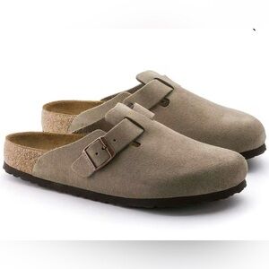 NWT Taupe Suede Clogs with Buckle